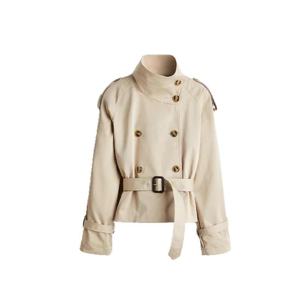 Ladies trendy short jacket in modern trench-coat style with wide collar and belt at the waist Lune London
