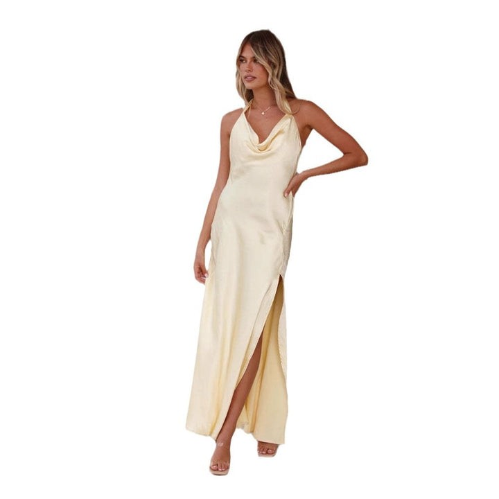 Elegant satin maxi dress for women with deeper neckline and side slit Chic & Stil