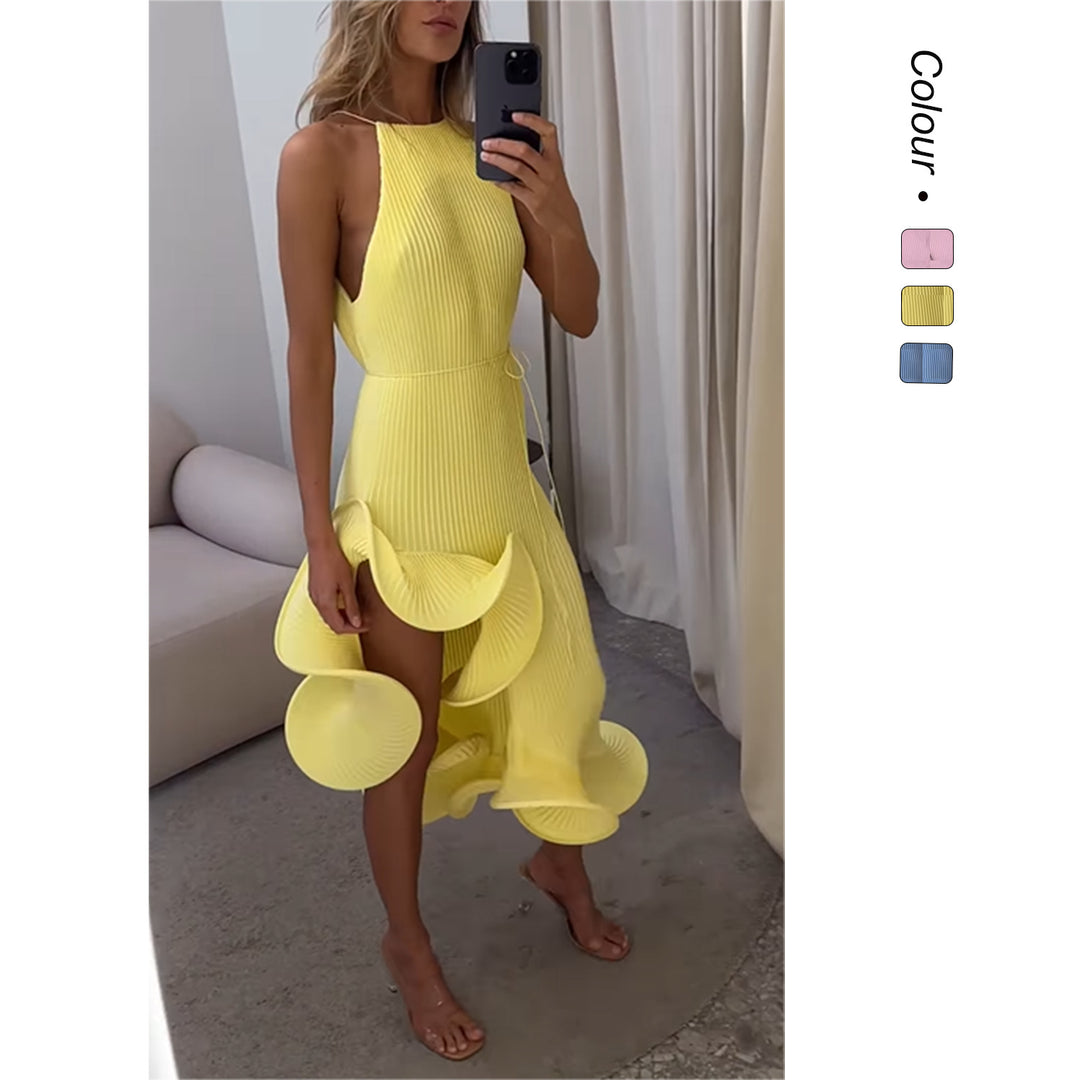 Women's maxi dress with asymmetrical ruffle and elegant pleated skirt Lune London