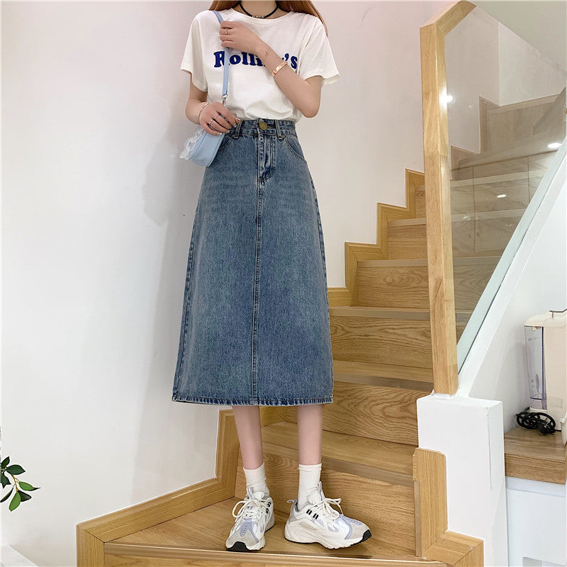 Jupe en jean longue pour femmes avec découpe haute et coutures décoratives Chic & Stil