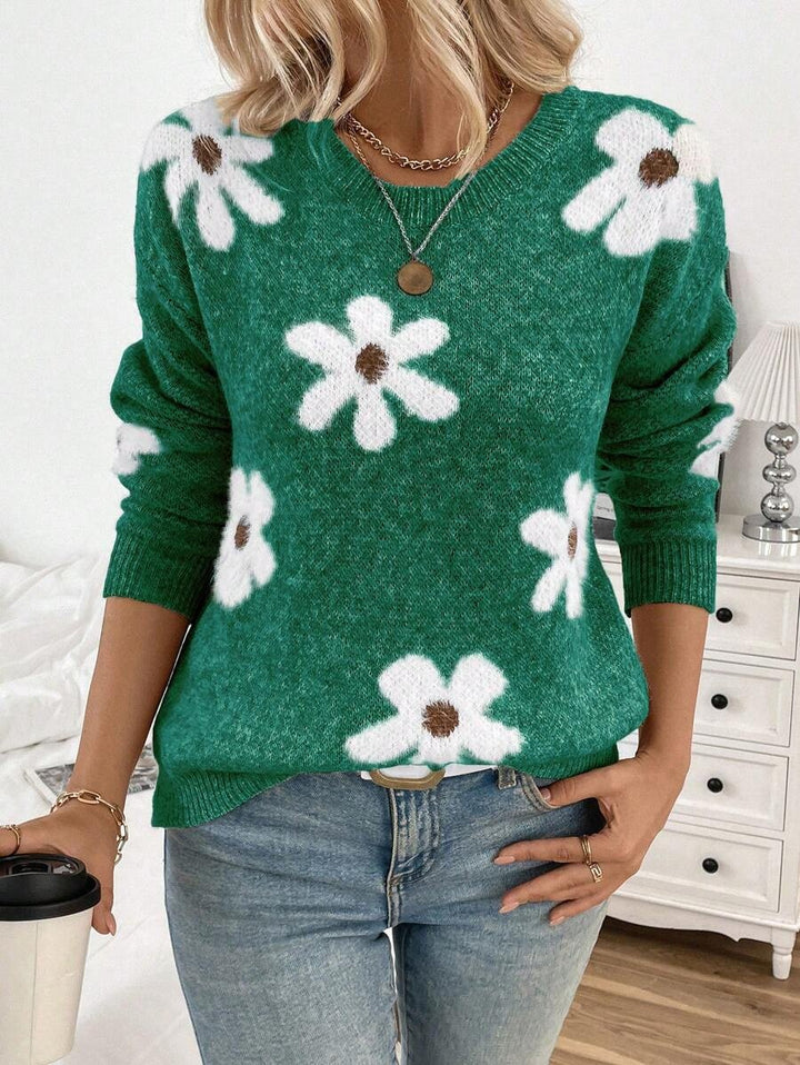 Women's knitted pullover with floral design and round neck Lune London