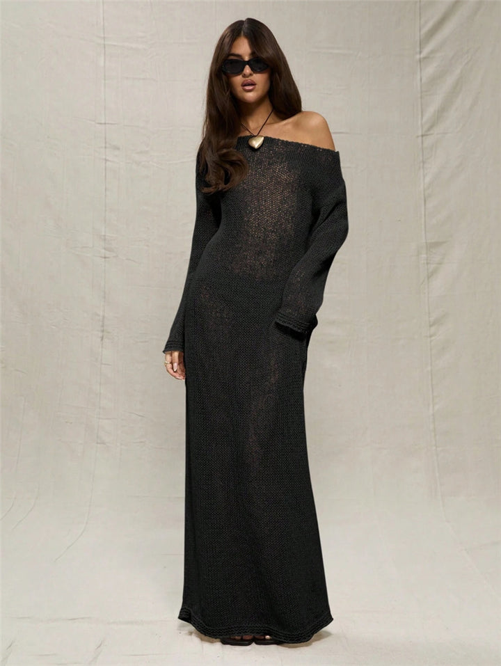 Maxi dress for women in lightweight crochet with off-shoulder design Lune London