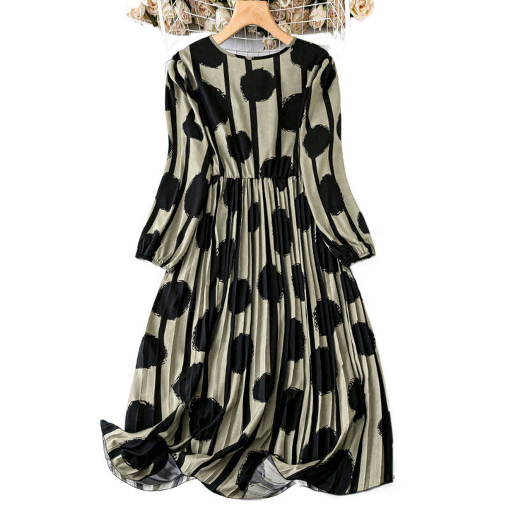 Maxi dress for women with striped polka dot design and puff sleeves Lune London