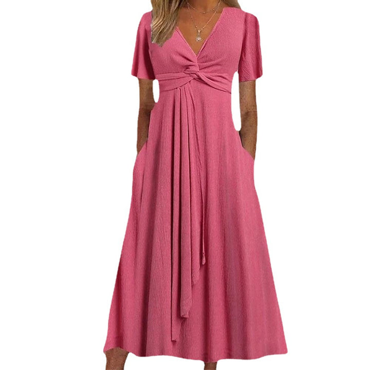 V neck twisted knot midi dress for women with pockets Lune London