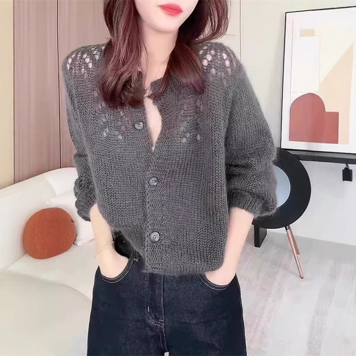 Women's knit jacket with a breezy crochet look and button closures Lune London