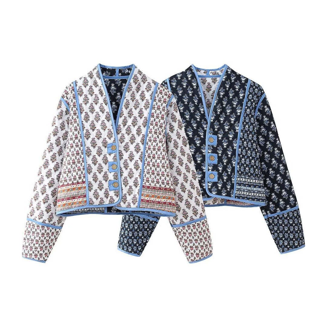Fashionable women's cropped jacket with a floral design and elegant button details Lune London