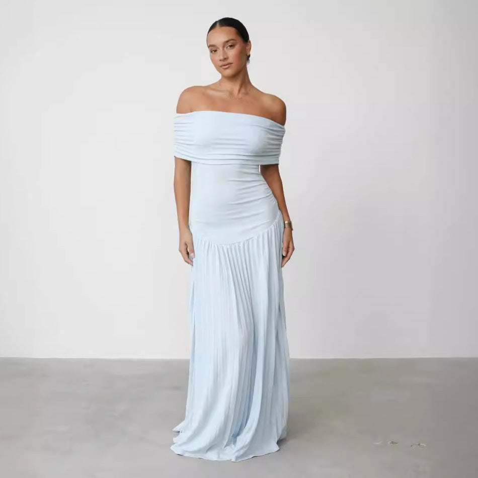 Elegant off-shoulder maxi dresses for women with pleated details and flattering cut Lune London