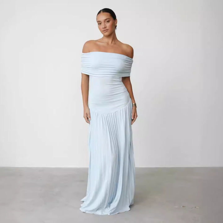 Elegant off-shoulder maxi dresses for women with pleated details and flattering cut Lune London