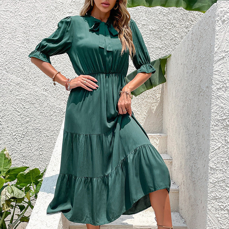 Fluid maxi dress for women with belt and ruffles Lune London