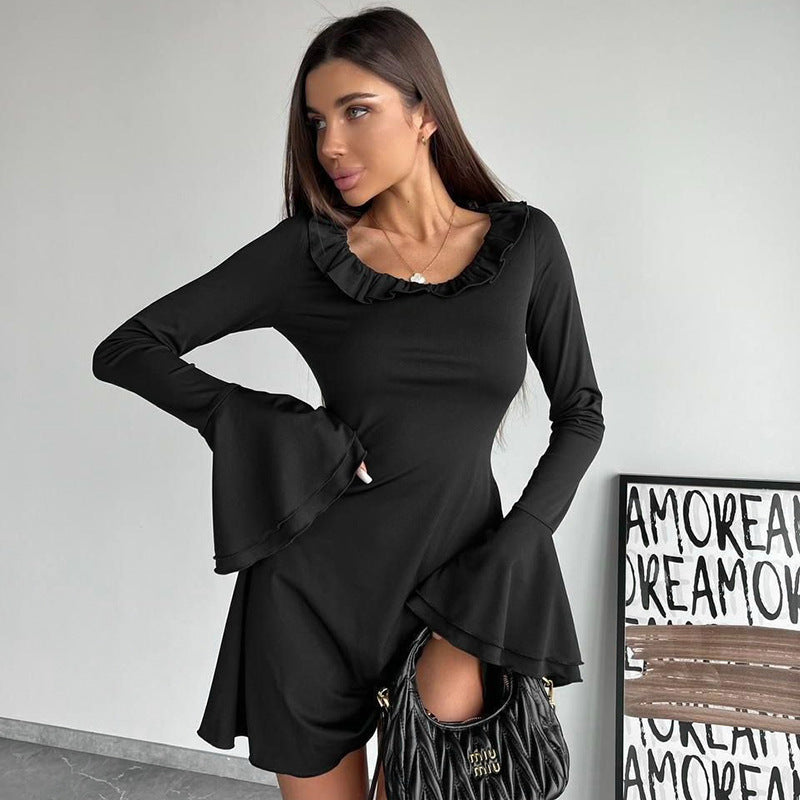 Off-shoulder dress for women with ruffle details and long sleeves Lune London