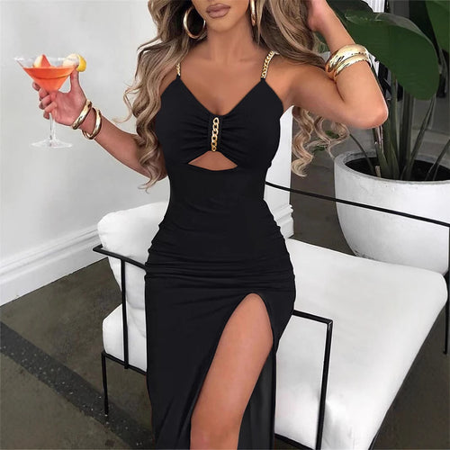 Ladies Elegant Maxi Dress with Side Slit and Decorative Chain Detail Lune London