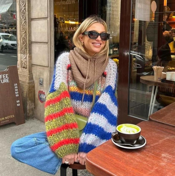 Women Chunky Knit Sweater with Colorful Cable Pattern and Loose Fit Lune London