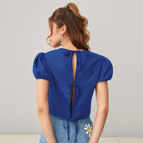 Women's Short Top with Puff Sleeves and Soft Round Neck Chic & Stylish