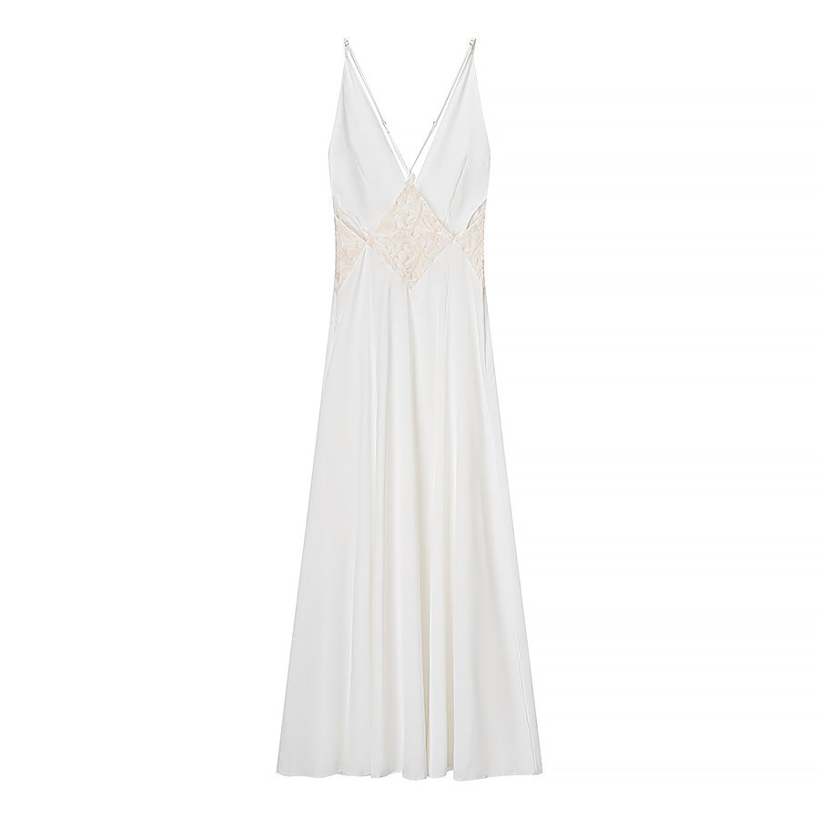 Women’s long sleeve maxi dress with a refined V-neckline and artistic lace ornament Lune London