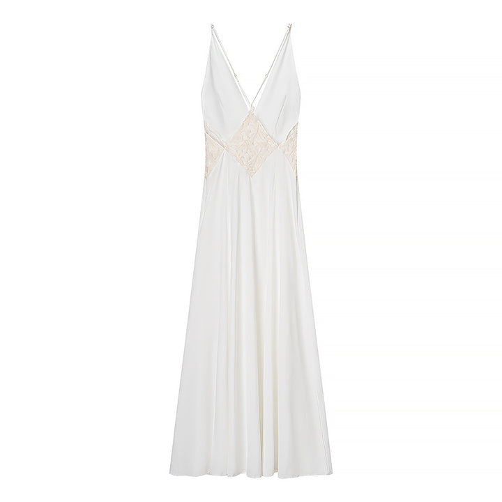 Women’s long sleeve maxi dress with a refined V-neckline and artistic lace ornament Lune London