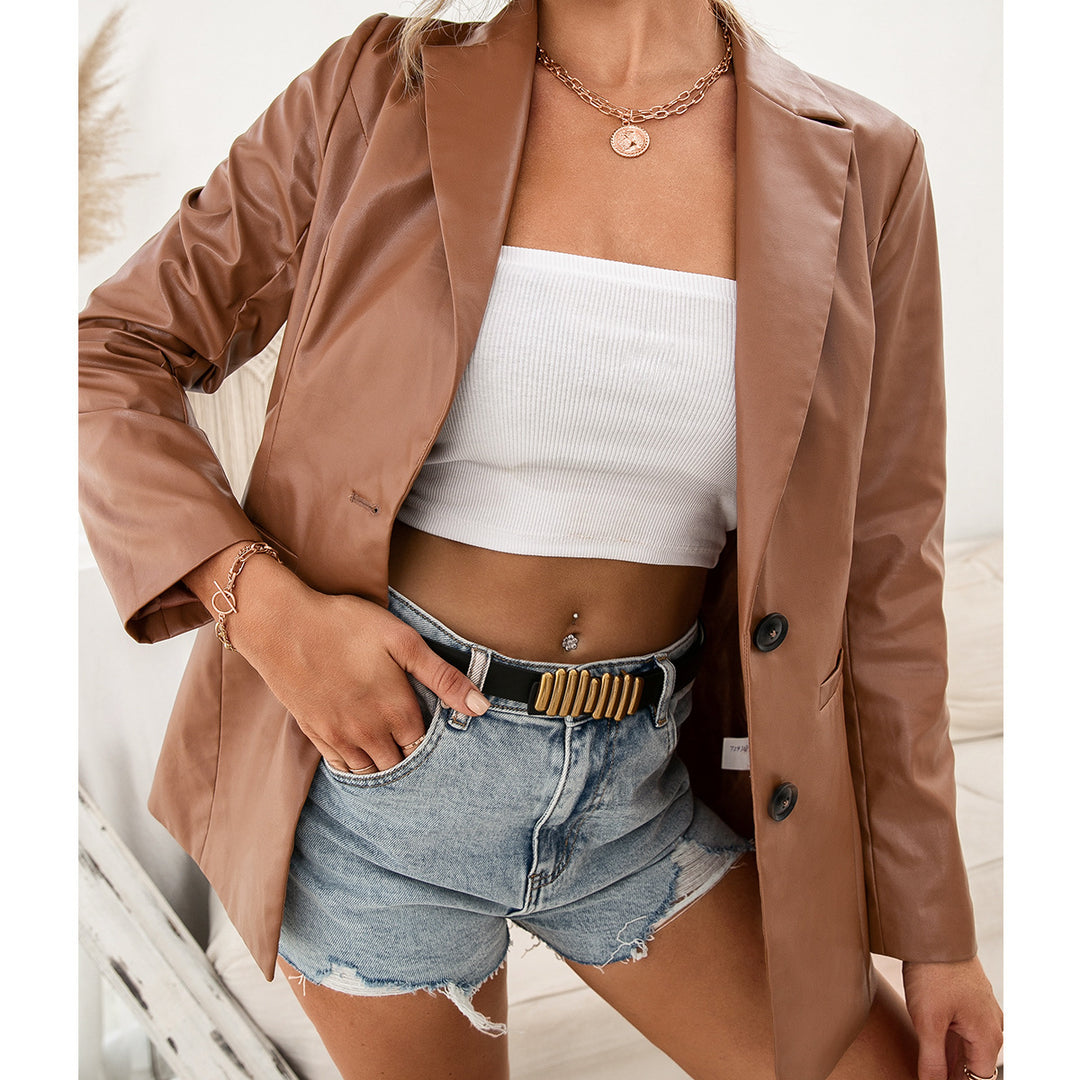 Elegant faux leather blazer jacket for women with timeless design Lune London