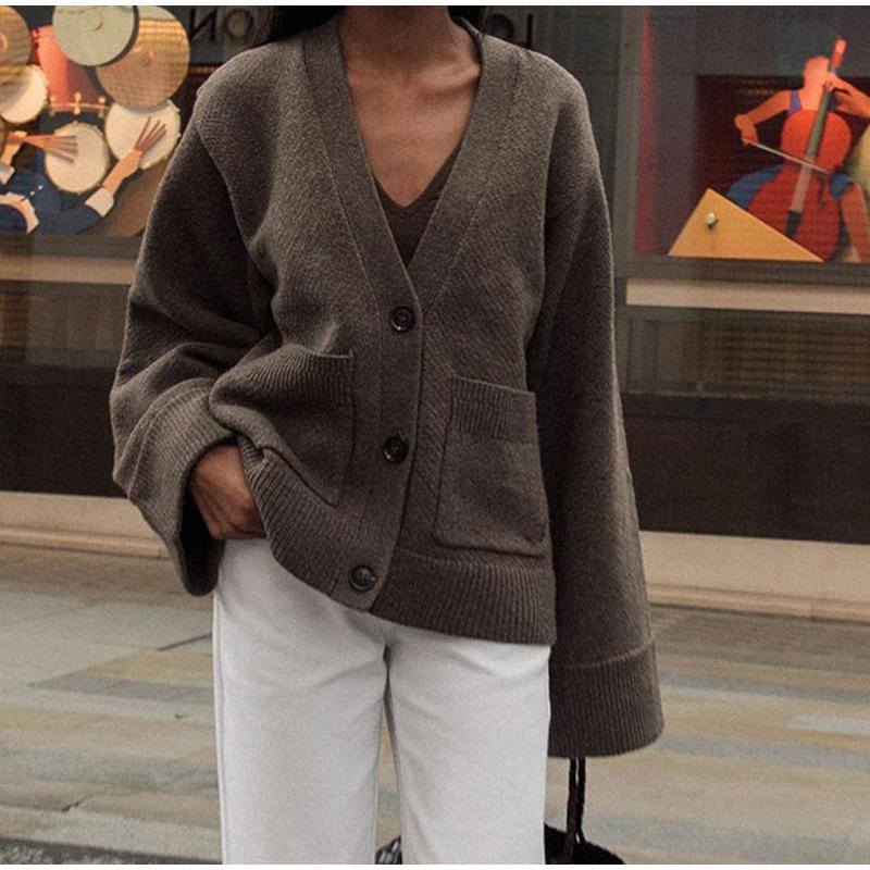 Knit jacket for women with deep V-neck and practical pockets Lune London