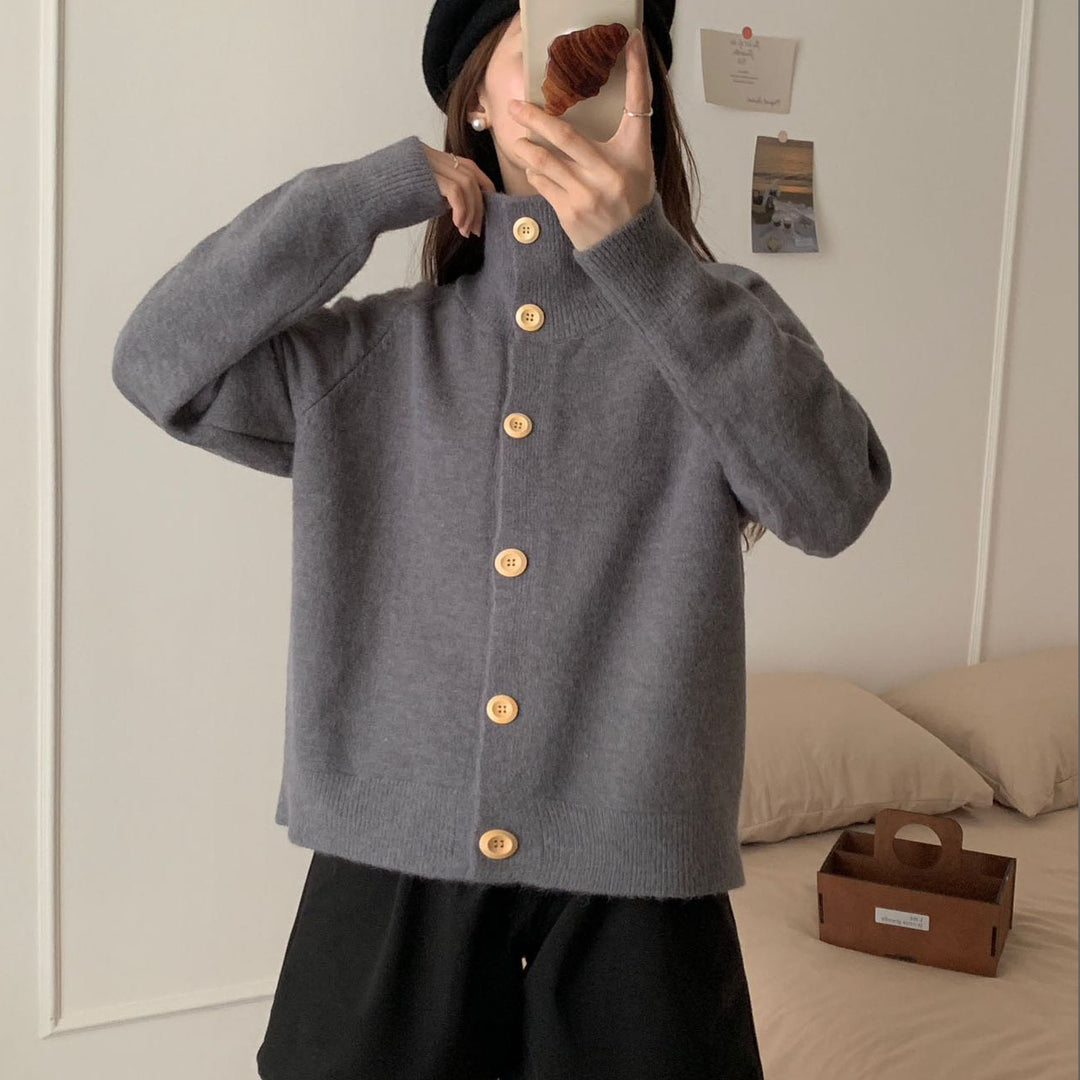 Knit jacket for women with high collar and large buttons Lune London