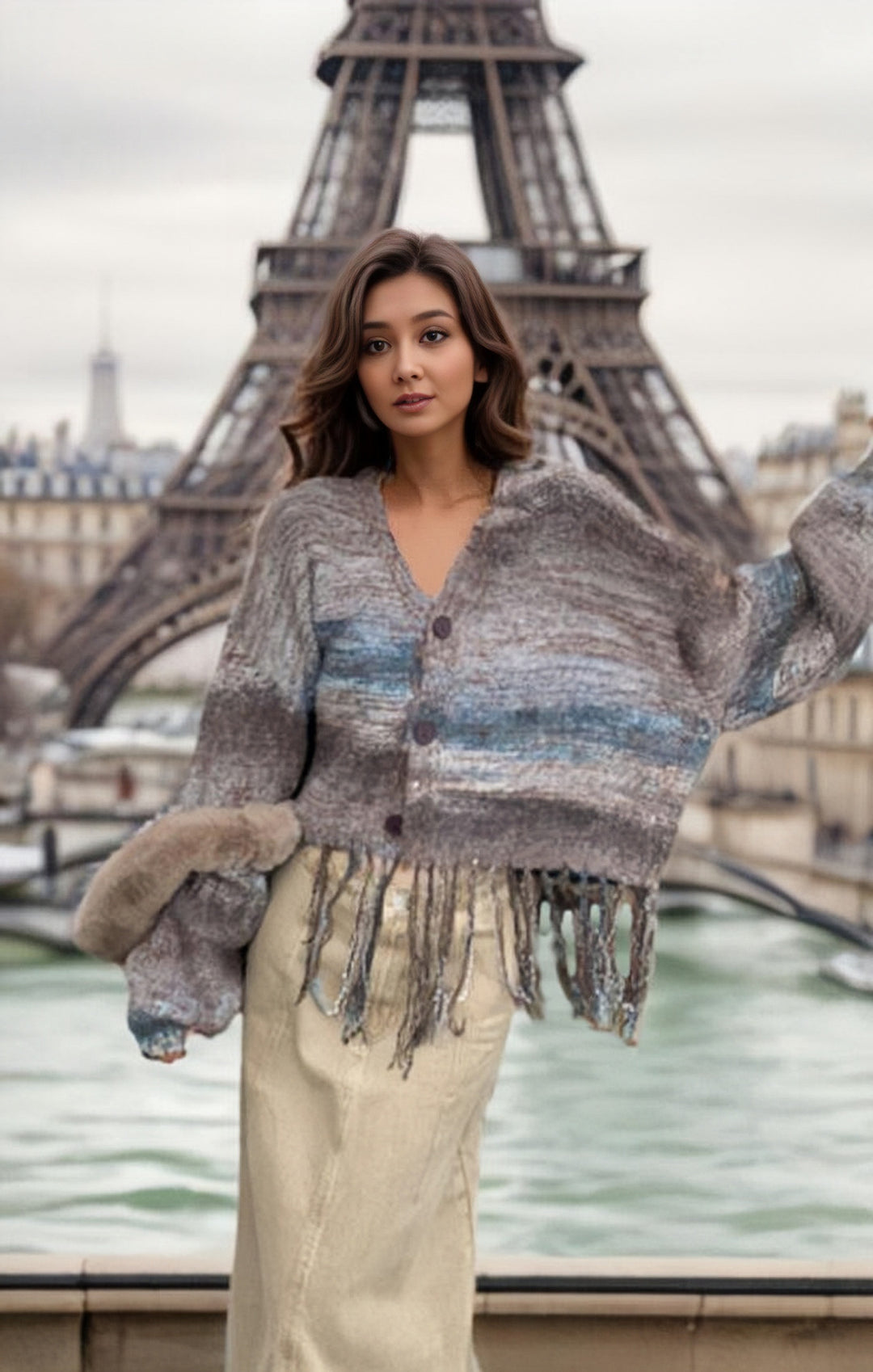 Short knitted jacket for women with striking fringed design Lune London