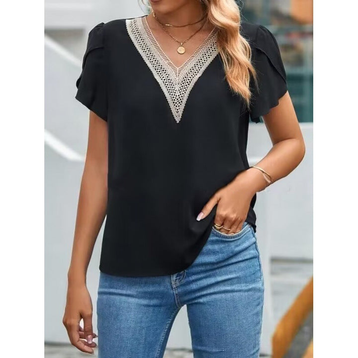 Elegant V-neck blouse for ladies with lace embellishments Lune London