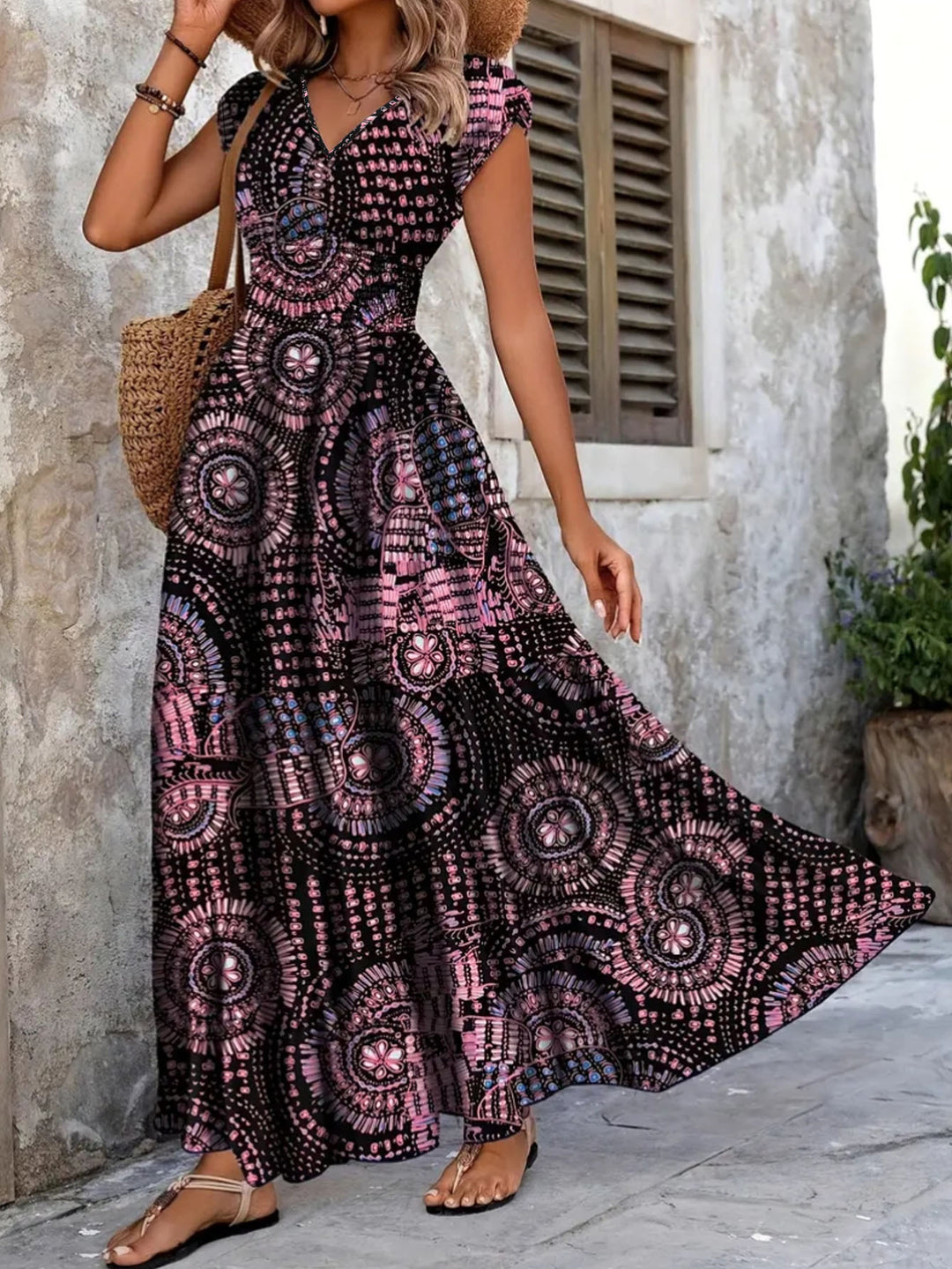 Maxi Dress for women with floral design and flattering V-neck Lune London