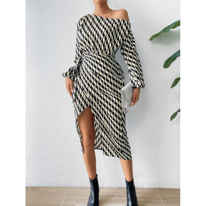 Midi dress for women with asymmetric cut and elegant wave pattern Lune London