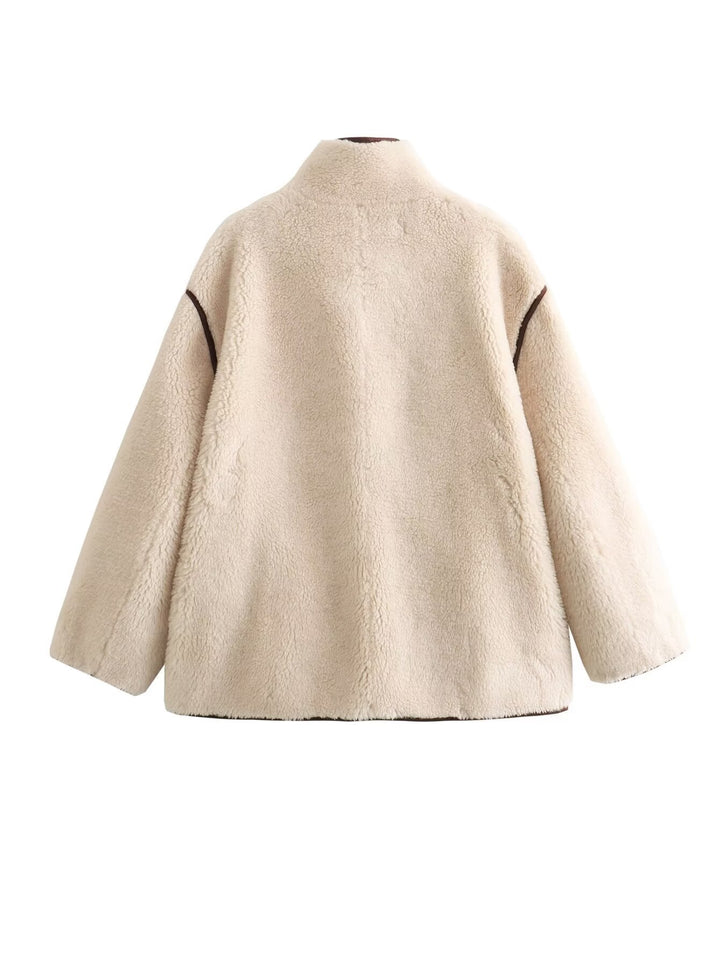 Faux fur jacket for women with a stylish high collar and practical pockets Lune London