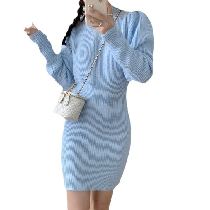 Elegant knitted dress for women with a fitted silhouette and puff sleeves Lune London