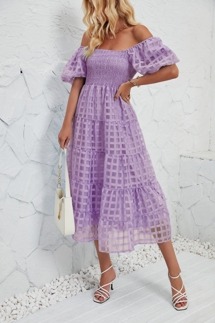 Women’s midi dress with puff sleeves and elastic waist belt Lune London