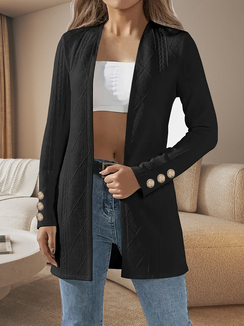 Ladies Elegant Long Coat with Textured Design and Chic Decorative Button Details