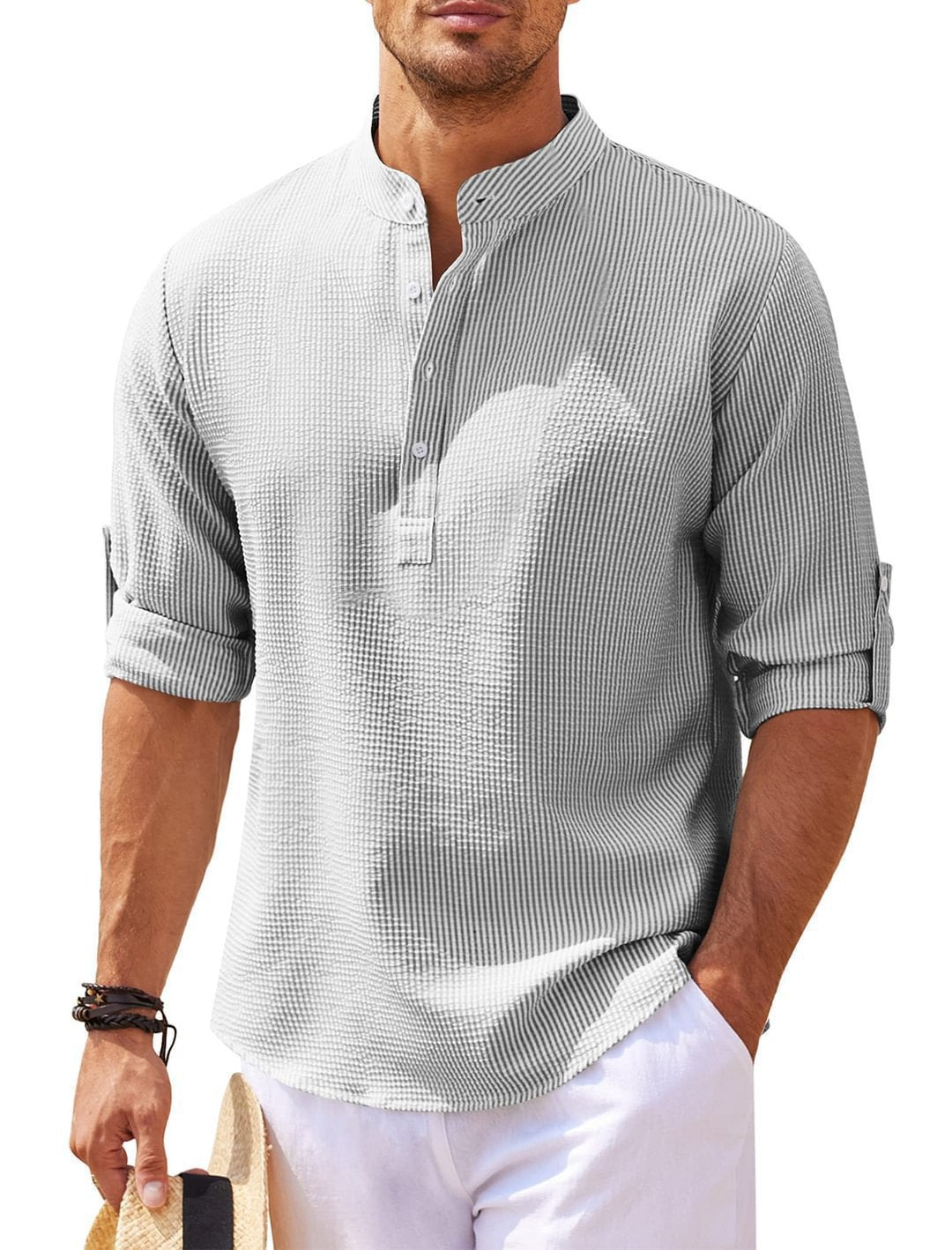Casual long-sleeve shirt for men with a high collar and ribbed texture Lune London