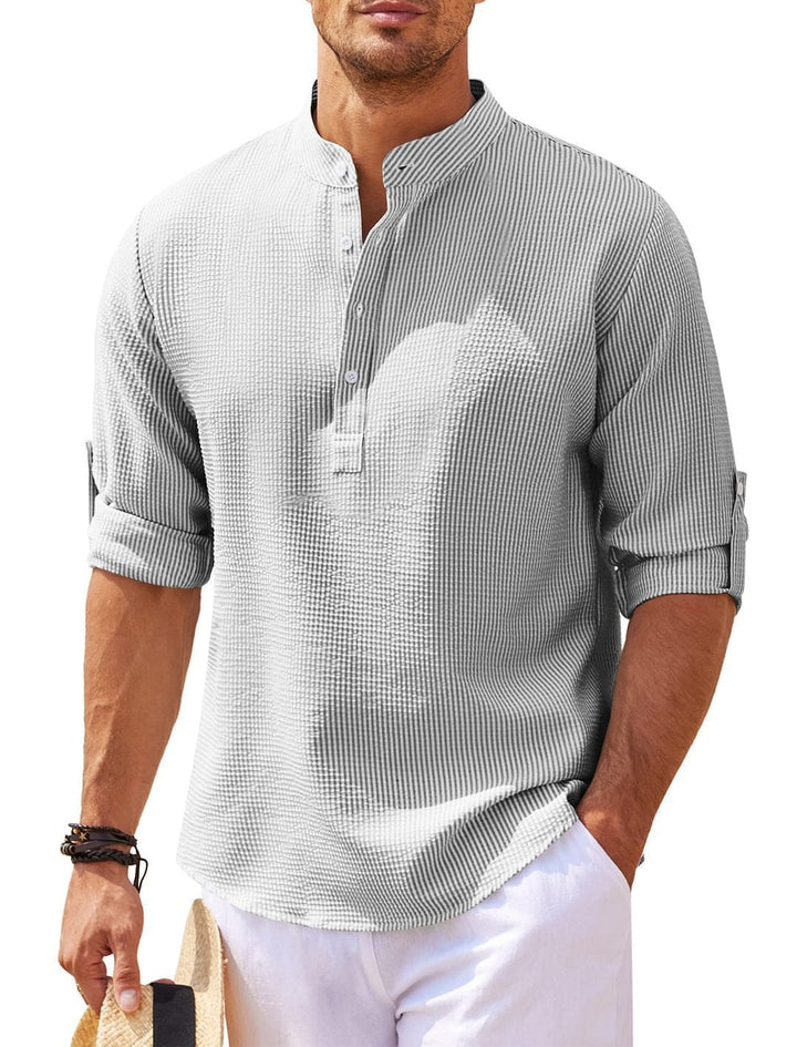 Men's Casual Long Sleeve Shirt with Stand-Up Collar and Ribbed Texture Lune London