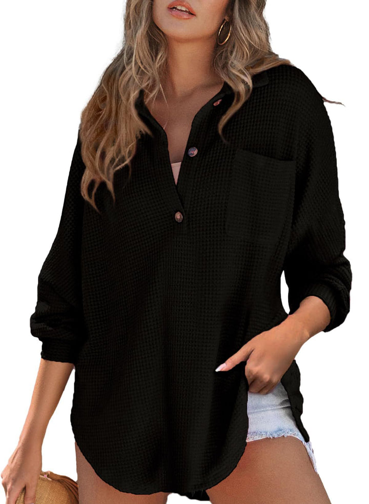 Casual waffle knit sweater for women with button placket and chest pocket Lune London