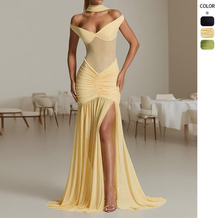 Elegant Maxi Dress for Women with Bardot Design and Chic Ruching & Style