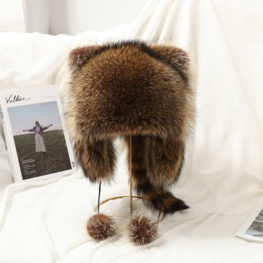Women's Cozy Ear Hat Made Of Faux Fur with Side Pompoms Lune London