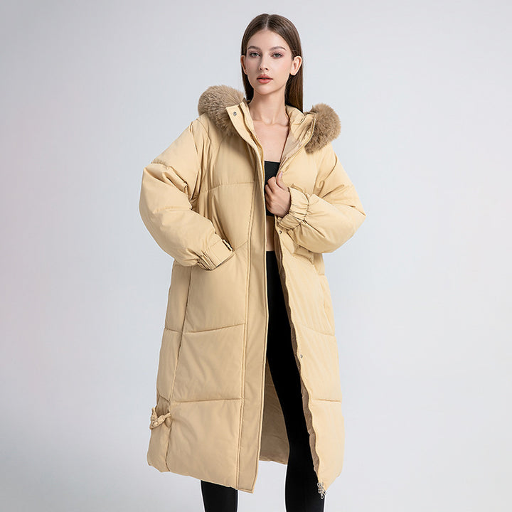Long winter coat for women lined with removable faux fur collar and practical drawstrings Lune London