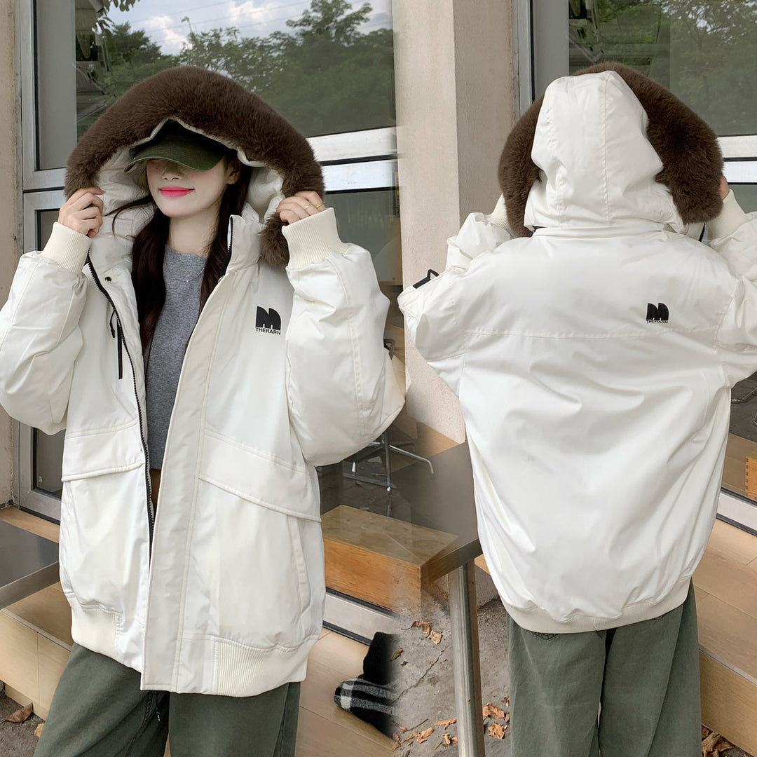 Ladies Oversized Winter Jacket with Removable Faux Fur Collar and Large Pockets Chic and Stylish