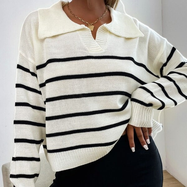 Casual knit sweater for women with collar and striped design Lune London