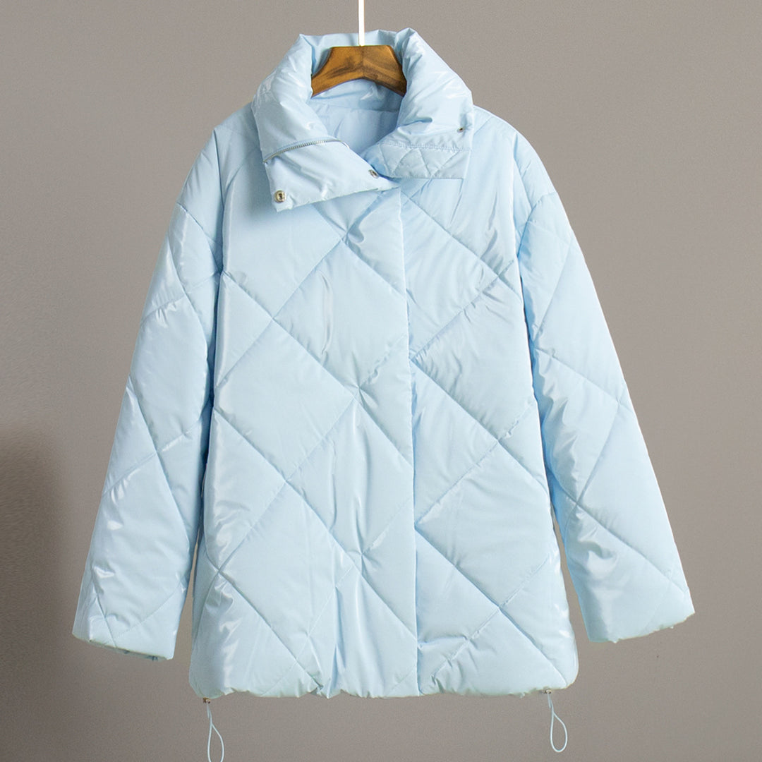 Ladies padded quilted jacket with high collar and practical pockets Lune London