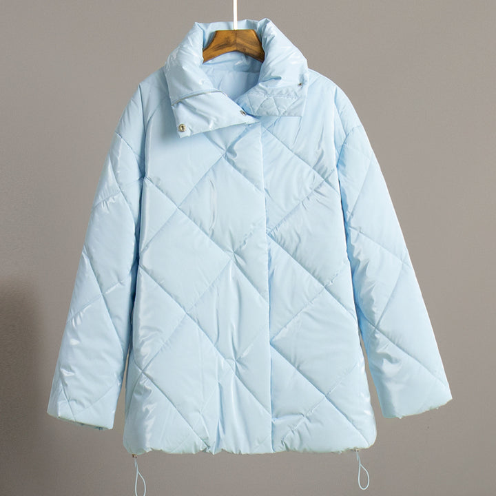 Ladies padded quilted jacket with high collar and practical pockets Lune London