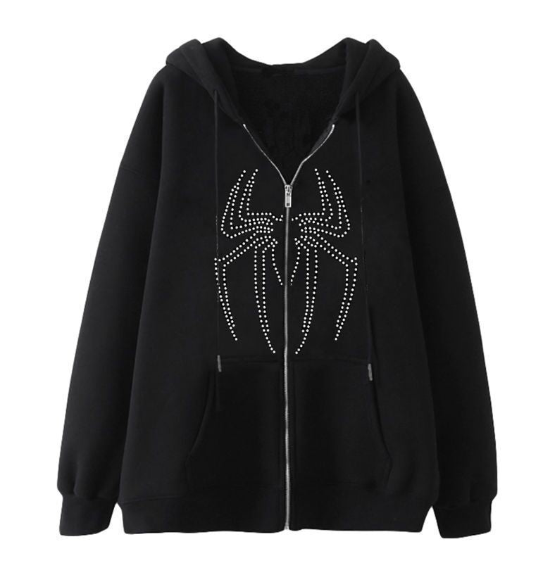 Women's hoodie jacket with sparkling spider motif and practical pockets Lune London