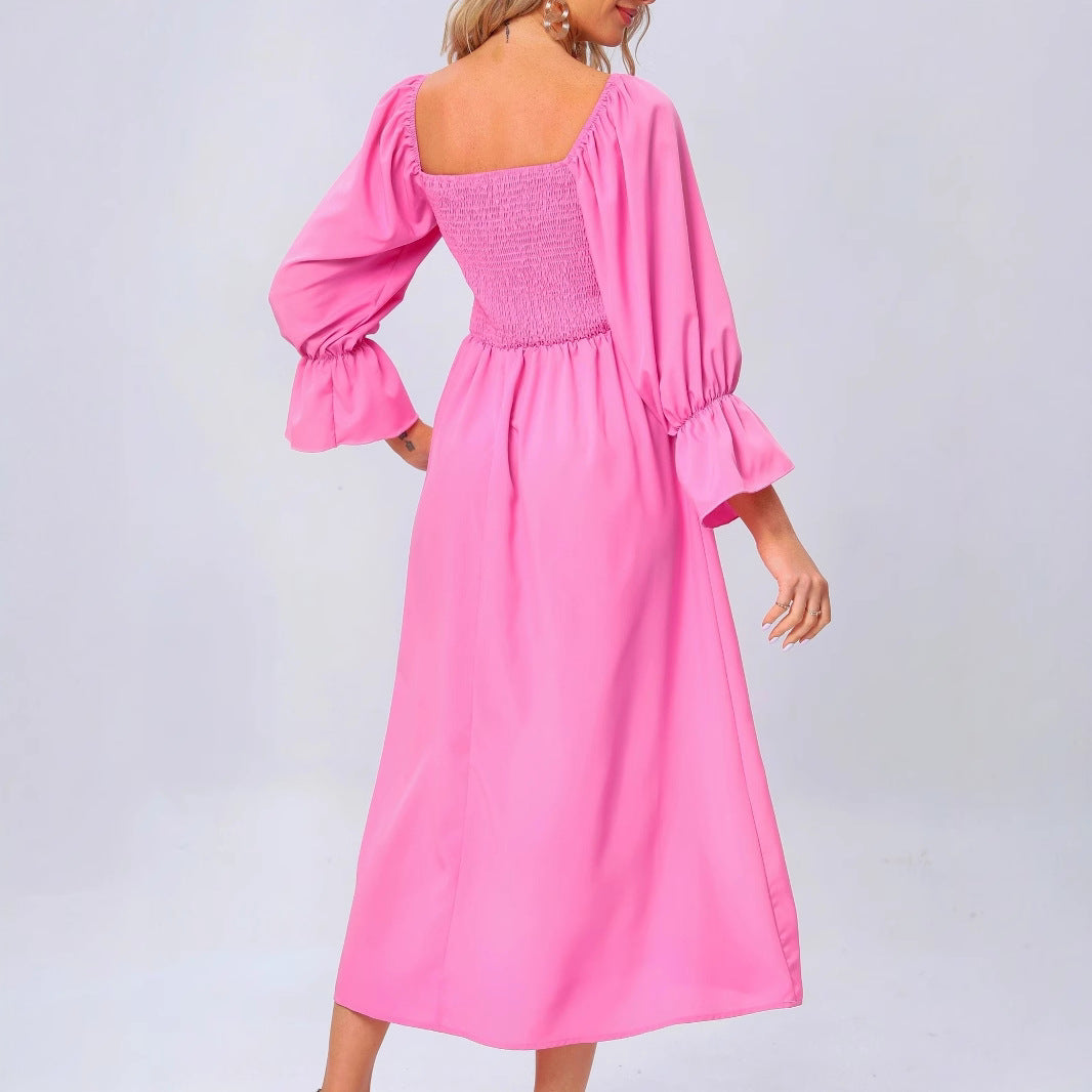 Midi dress for ladies with elastic puff sleeves and a romantic waist tie Lune London