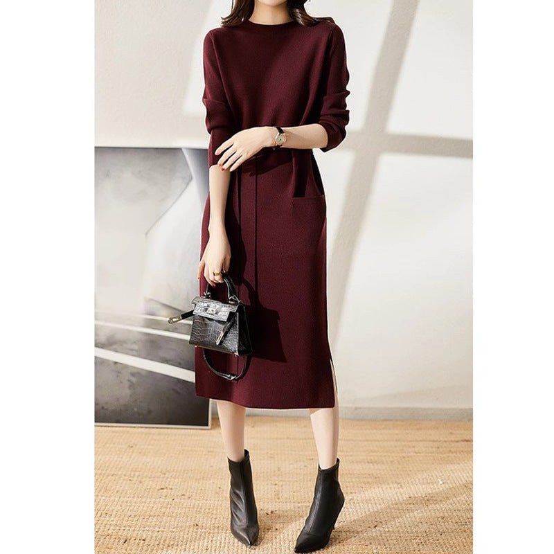 Elegant knitted midi dress for women with belted waist Lune London