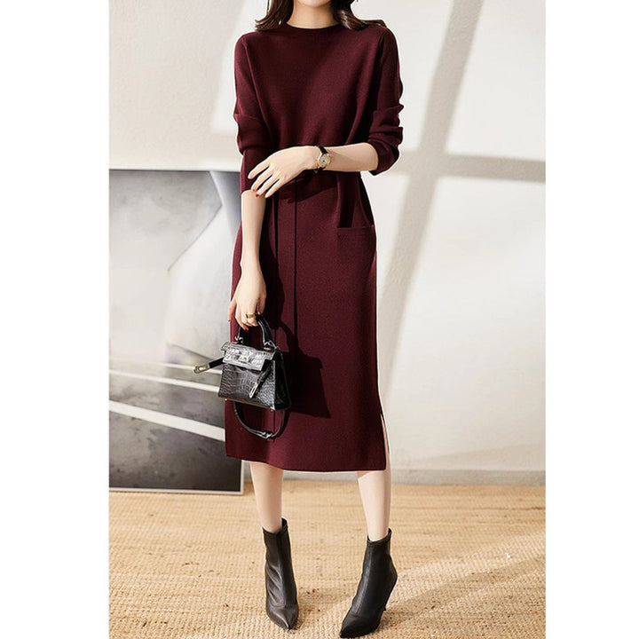 Elegant knitted midi dress for women with belted waist Lune London