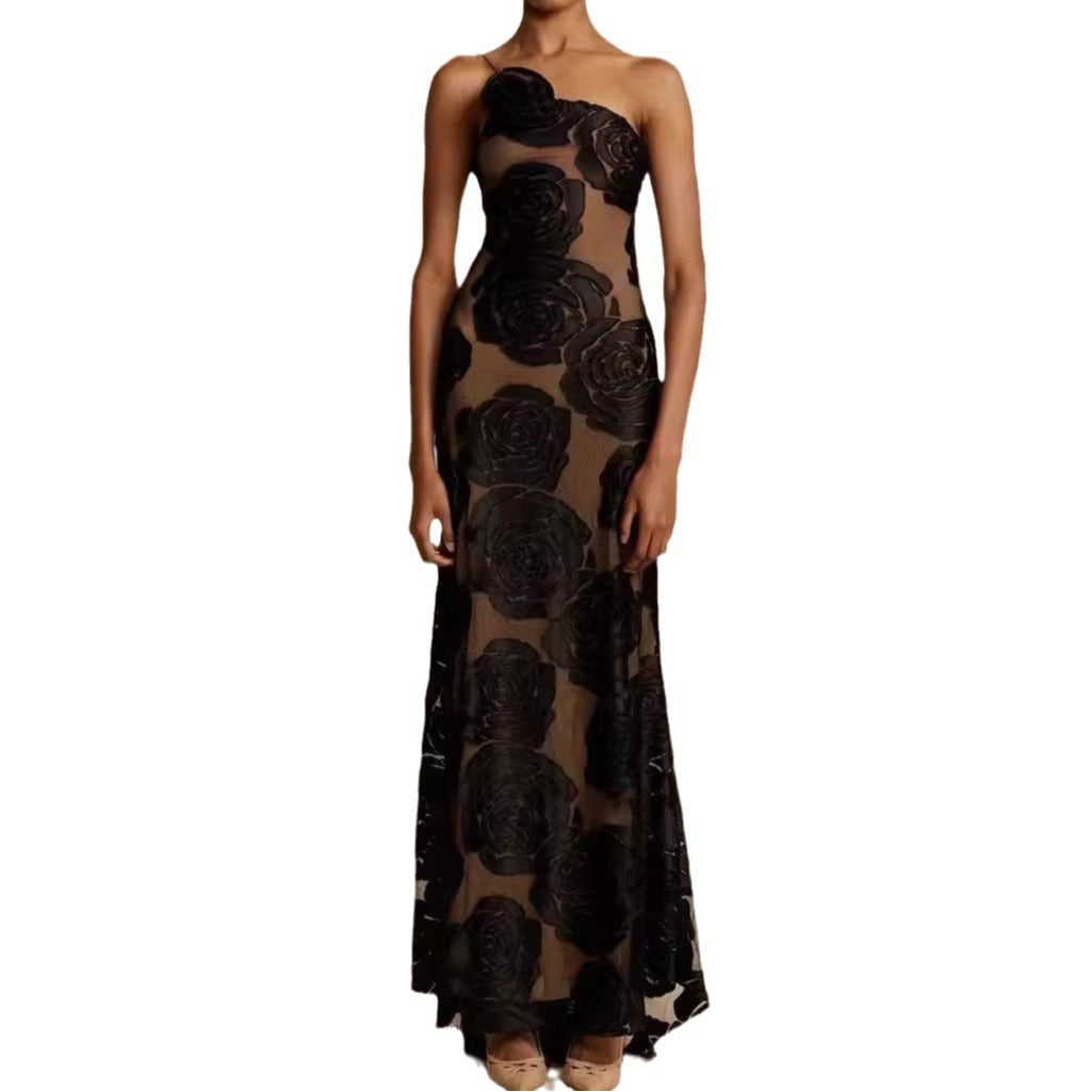 Women's Elegant Maxi Dress with Floral Sheer Design and Slim Straps