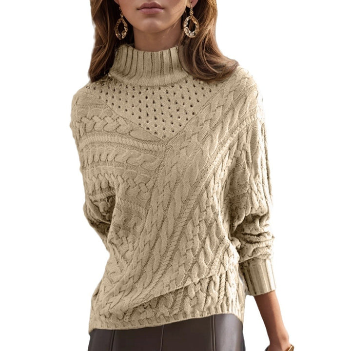 Knitted sweater for women with high collar and detailed cable pattern Lune London