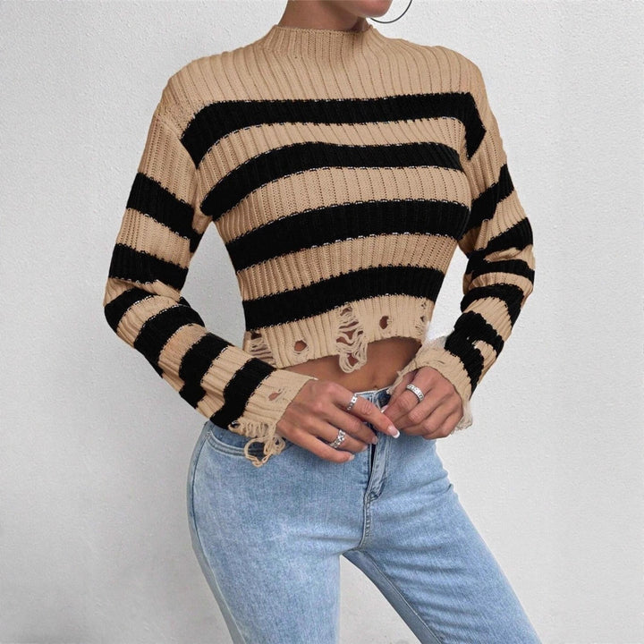Ladies Cropped Sweater with stylish stripes and distressed details Lune London