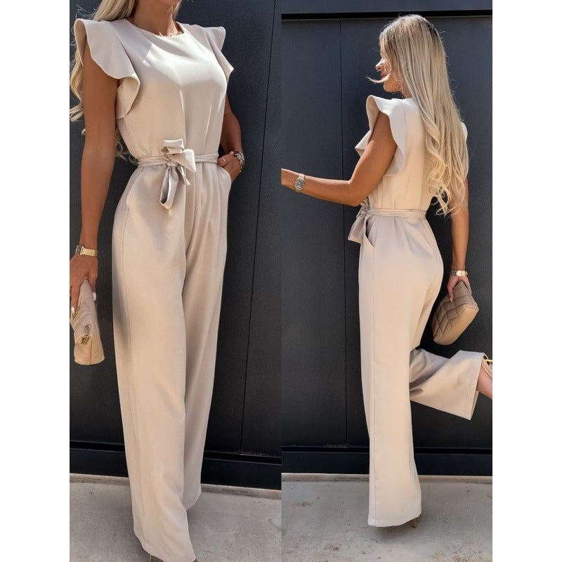 Women Fluid Wide Leg Jumpsuit with Ruffled Sleeves Lune London