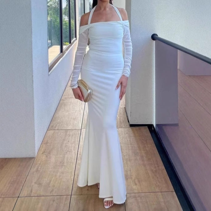 Ladies Elegant Maxi Dress Off-Shoulder with Thin Spaghetti Straps and Chic Transparent Sleeves and Style