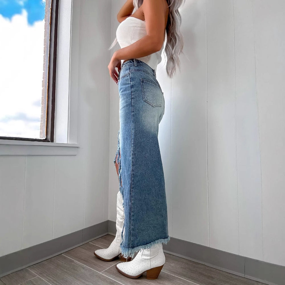 High-waisted denim skirt for women with fringes and slit Lune London